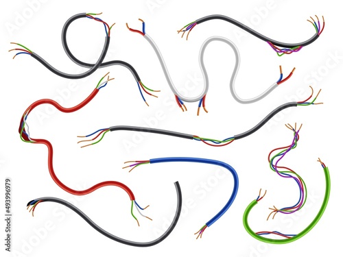 Damaged electrical cables. Realistic flexible broken wires. 3D cords with thin wiring. Various shapes and length pieces. Uninsulated current circuit. Vector torn electricity conductors set