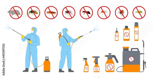 Disinfection service. Pests treatment. Workers in protective uniform sprayed toxin and poison. Disinsection and deratization. Professional equipment. Vector parasites extermination set photo