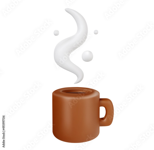 3d cartoon brown clay mug with hot coffee or tea isolated on white background. Realistic cute vector illustration. Minimalistic stylised element.