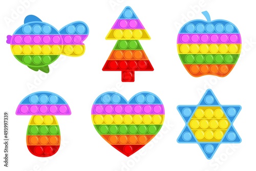 Fidget sensory toy. Multicolor silicon simple game, funny silicone shapes, fish and tree, heart, apple and star, antistress therapy, kids pop it gadgets, bright trendy bubbles vector set