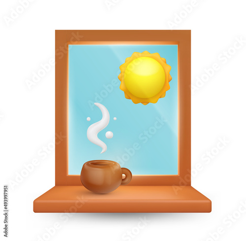 Funny cartoon style hot coffee or tea cup with white steam on window. Realistic sweet concept art. 3d vector illustration. Cute minimalistic design composition isolated on clean background.