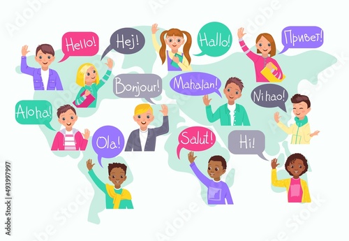 Multilingual hello kids. Different cultures communication, children greet on various languages, young foreigner students on word map background, boys and girls vector cartoon flat concept
