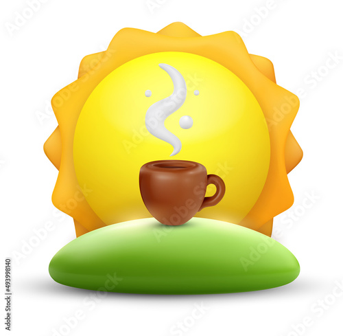 Hot coffee or tea cup with white steam on green hill in funny cartoon style. Realistic sweet concept art. 3d vector illustration. Cute minimalistic design composition isolated on clean background.