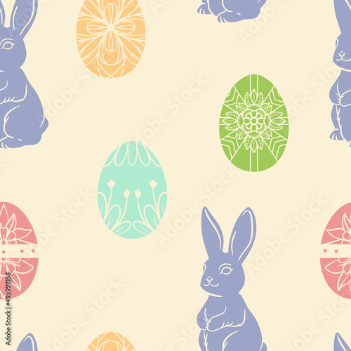 Ester bunny and ester eggs. Seamless vector pattern. 