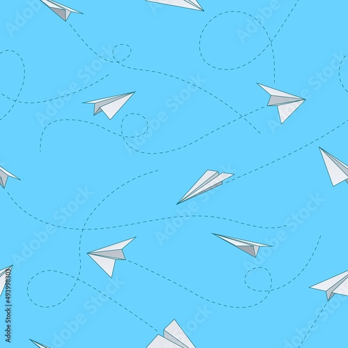 Paper plane seamless pattern. White airplanes with trajectory dotted lines. Flying origami objects. Launch light aeroplanes. Aviation flight path. Handmade aircraft. Vector background