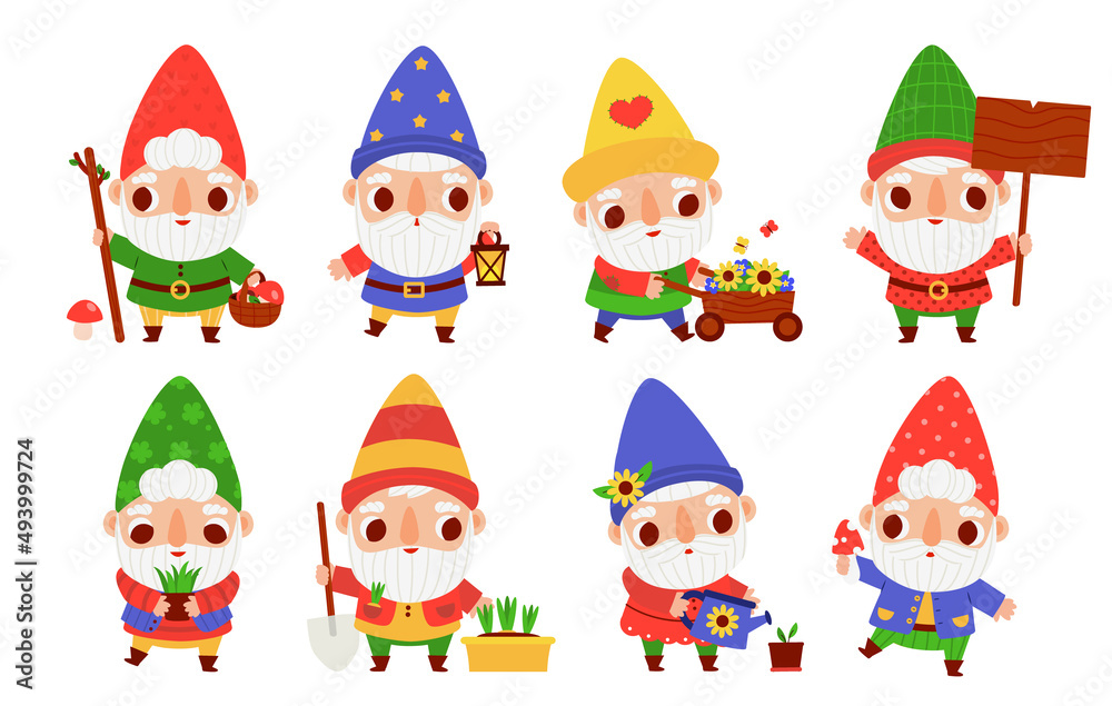 Cute garden gnomes vector illustration set. Cartoon funny dwarf characters with mushroom, flowers, lantern and plants