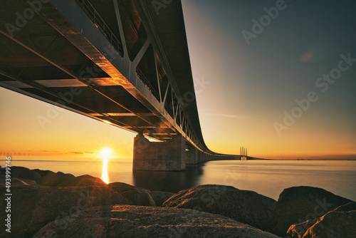 The Oresund Bridge between Denmark and Sweden at sunset