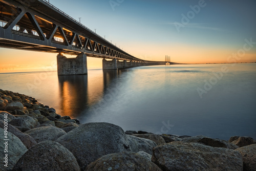 View of Oresund bridge during sunset over the Baltic sea
