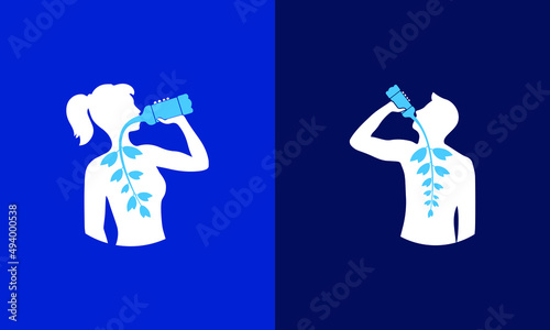 Silhouette of Young Attractive Men Women drinking fresh clean water from bottles flow through the body into natural plants save water world water day concept