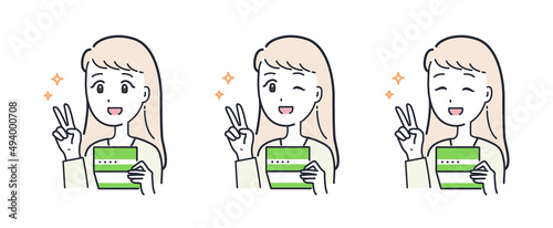 通帳を持ってピースをする女性のイラスト素材