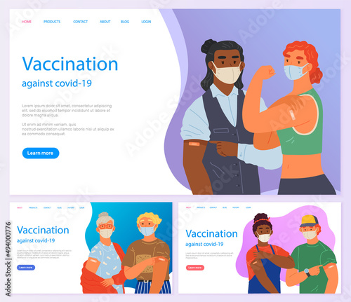 Stop coronavirus agitation concept. Vaccination promo, immunization of workers. Vaccine saves lives. People wearing protective mask showing their arm with bandage after receiving covid-19 vaccine