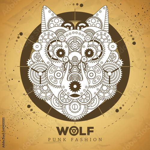 Wolf face silhouette with gears on old paper texture background. Punk style. Vector illustration photo