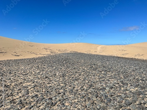 Black volcanic stones in Maspalomas sand dunes on the island of Gran Canaria 