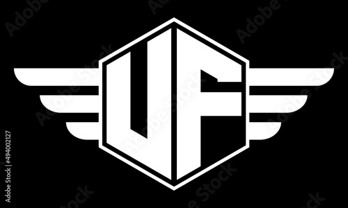 UF monogram type creative initials polygon letter logo with wings design vector template.