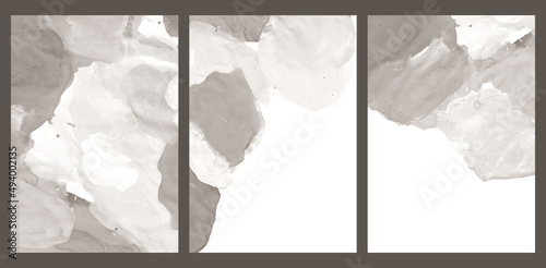 Set of cards with monochrome sepia gouache strokes, hand-drawn on a white background for your design. Invitation, postcard, banner, logo, business card.