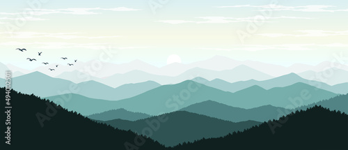 mountain and forest landscape vector illustration with sunrise and sunset 