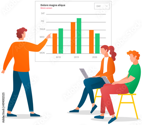 Analytics information and development statistics. Dashboard seo optimization, digital info. Presenters show statistical indicators and data on diagram. Colleagues giving presentation of report
