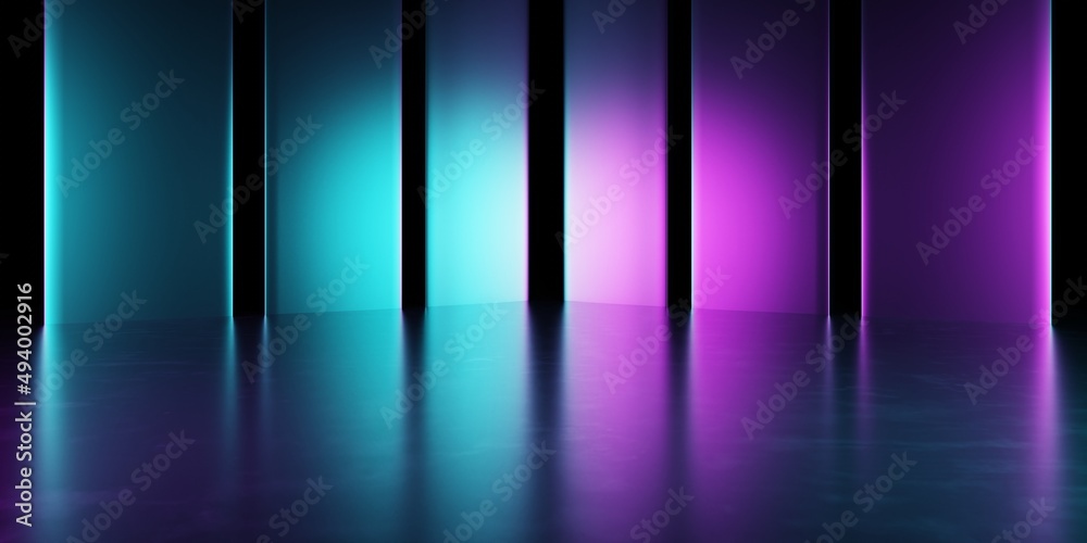 3d rendering of spaceship corridor blue purple background neon glowing ...
