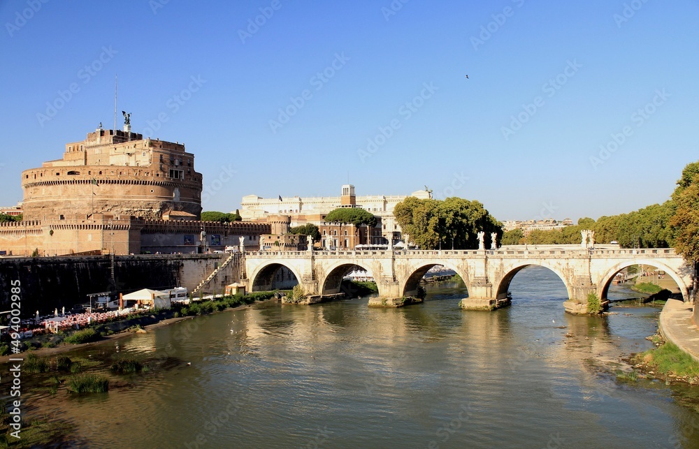landscape with St Angelo castle and bridge in Rome, Italy