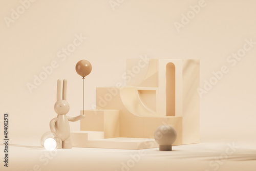 Easter eggs podium and rabbit in pastel cream and beige scene background. Easter day with geometry platform for product, stand to show cosmetic products. Stage showcase on pedestal display.
