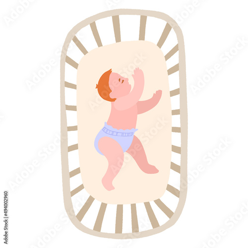 Cute little baby in crib. Infant in bed sleep peacefully. Healthy sleep at night.