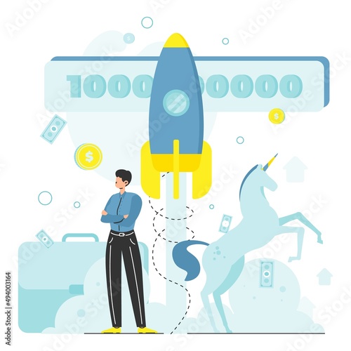 Unicorn company or unicorn startup, rocket launch, venture capital industry, vector illustration.