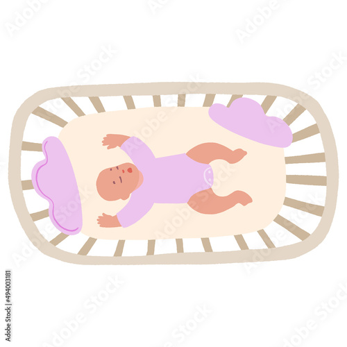 Cute little baby in crib. Infant in bed sleep peacefully. Healthy sleep at night.