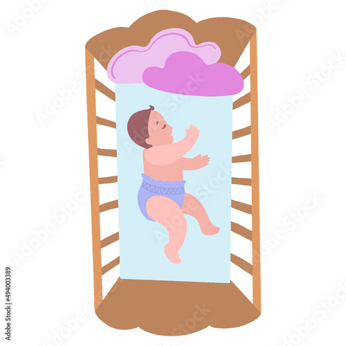 Cute little baby in crib. Infant in bed sleep peacefully. Healthy sleep at night.