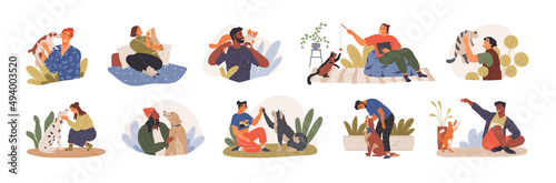 People hugging, caring, and playing with pets set. Adorable animals and their owners. Characters spend time with dogs and cats at home and outdoor. Happy pastime and relaxation with cute pets