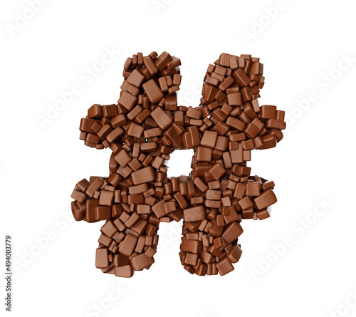 3D illustrated hashtag symbol made of chocolate chunks on a white background