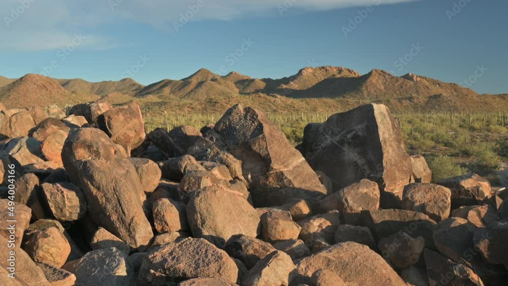 Ancient petroglyphs on Signal Hill at Saguaro National Park in Tucson Arizona, zoom in shot.