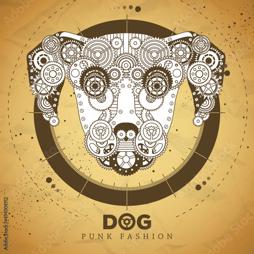 Dog face silhouette with gears on old paper texture background. Punk style. Vector illustration photo