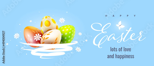 Vector holiday illustration with painted eggs in nest and flower. Happy easter template design with decorative egg in basket for greeting card, banner on blue color background
