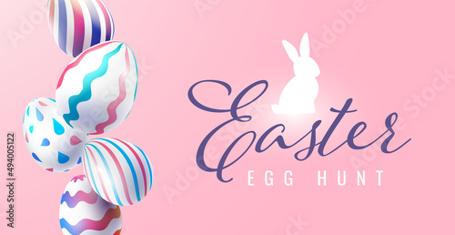 Vector easter illustration with fly painted eggs and  word egg hunt. Happy easter template design with bunny and decorative egg for greeting card, banner on pink color background