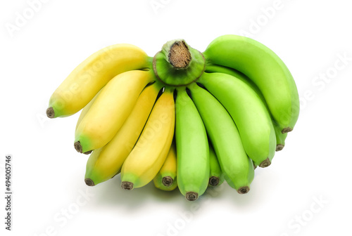 Raw and ripe bananas isolated on white background.