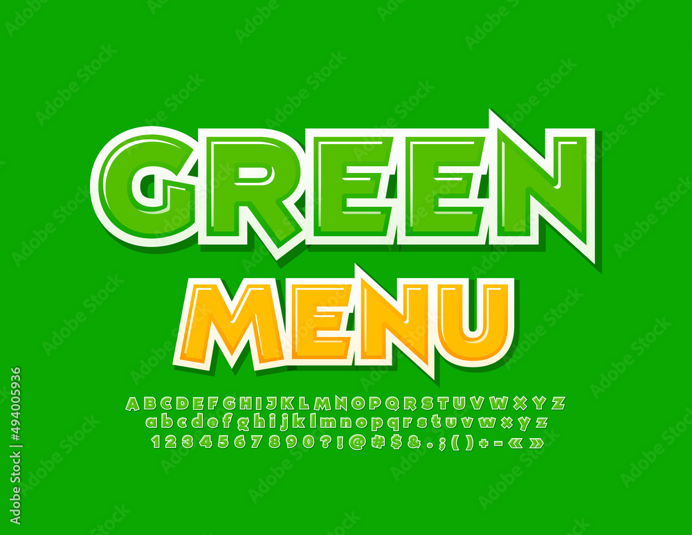Naklejka premium Vector bright Emblem Green Menu. Trendy Bright Font. Artistic Alphabet Letters and Numbers