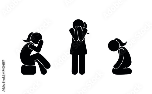 woman crying and suffering, stick figure icon, stickman illustration, people in different poses