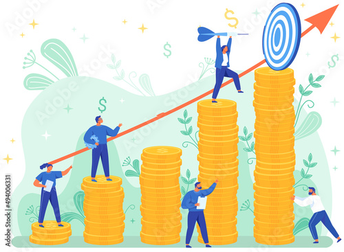 Goals and objectives, business grow and plan concept. Targeting, marketing, business mission concept. People planning strategy for success, leadership. High earnings, cash reward, top of gold coins