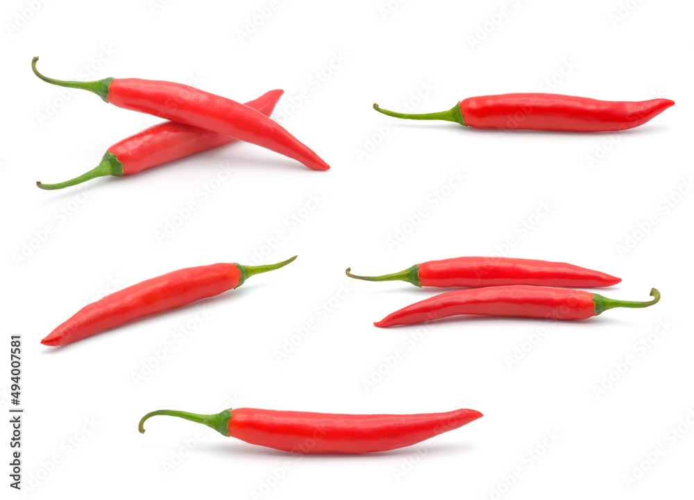 Set of fresh red chili peppers isolated on a white background. Chili hot pepper.