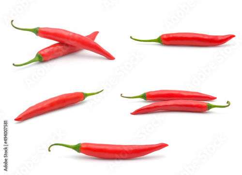Set of fresh red chili peppers isolated on a white background. Chili hot pepper.
