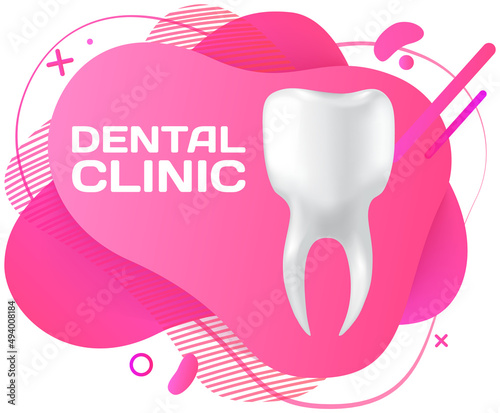 Dental clinic poster vector illustration. Advertising of hospital for teeth treatment. Medical services for installation of dental implant. Human gum with healthy teeth and denture on dentistry banner