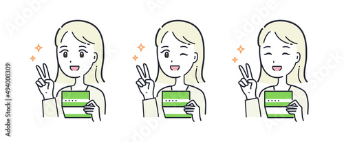 通帳を持ってピースをする女性のイラスト素材