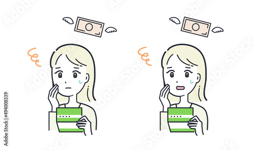 通帳を持って焦る女性のイラスト素材