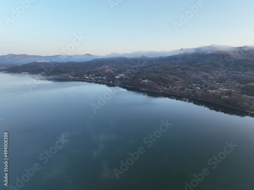 山中湖から見る富士山周辺 山梨県 ドローン空撮