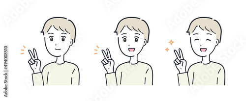 ピースサインをする男性のイラスト素材