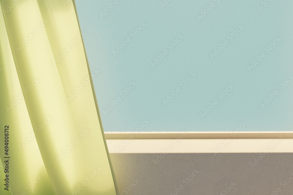 Fototapeta premium Product presentation windowsill beside green curtain in blue sky background with sunshine and shadow. 3d rendering illustration.