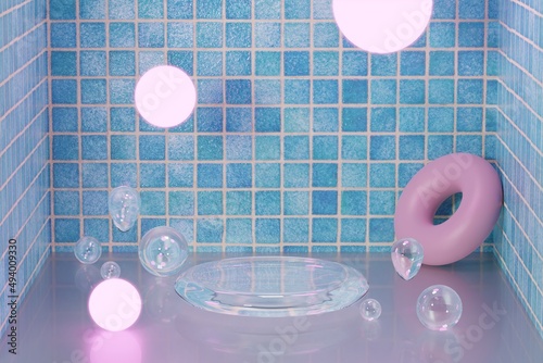 Cosmetic background for product presentation in bathroom scene. Transparent water podium in front of tile wall. 3d rendering illustration.