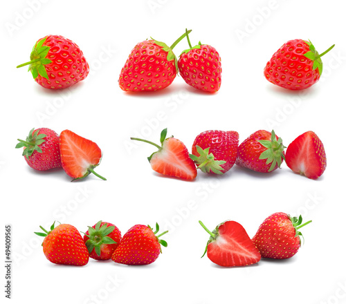 Set of fresh red ripe strawberries with leaf isolated on white background.