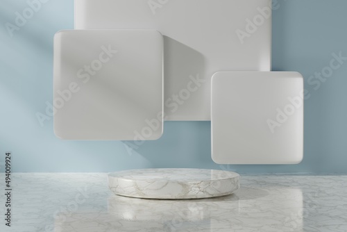 Marble podium for product presentation in white square tile decorated background with sunshine and shadow. Minimal geometric shape. 3d rendering illustration.