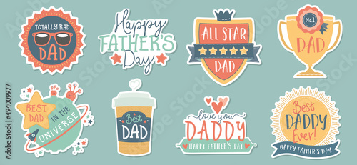 Fun Father's Day sticker set with drop shadow for Dad, Daddy, Father. Calligraphic typrography for greetings cards, website, social media, giftware